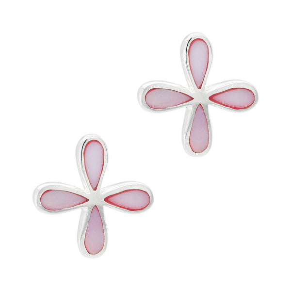 Four Petal Flower Coloured Shell Sterling Silver 925 Stud Earrings