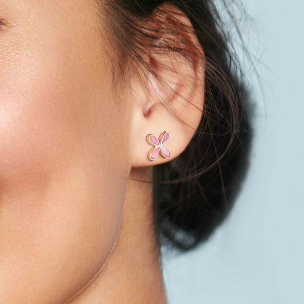 Four Petal Flower Pink Shell Sterling Silver 925 Stud Earrings