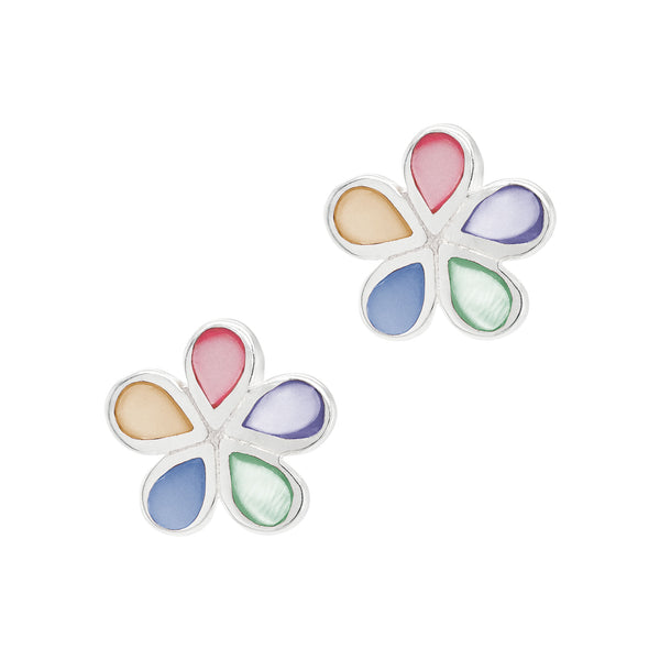 Five Petal Flower Coloured Shell Sterling Silver 925 Stud Earrings