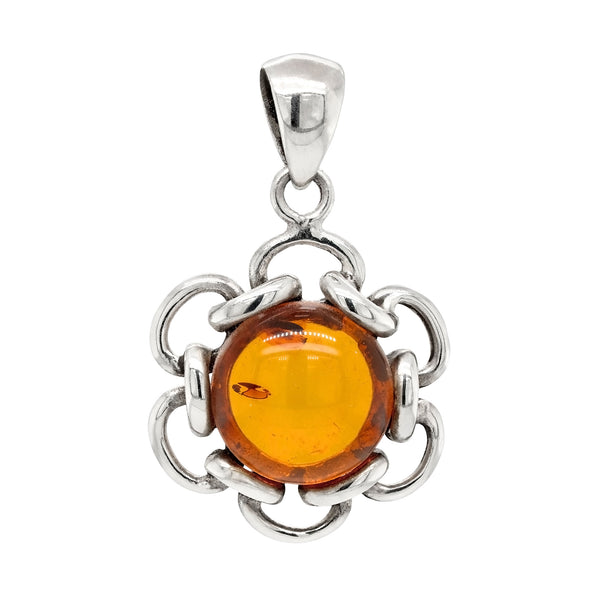 Amber Six Link Petal Flower Sterling Silver 925 Pendant