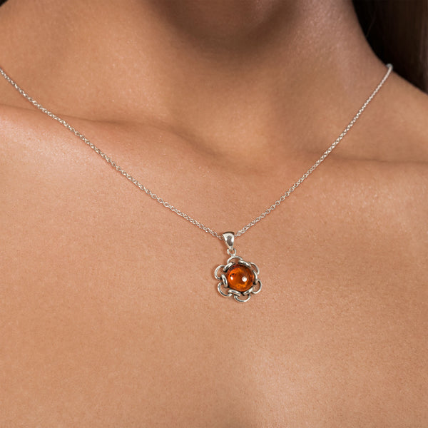 Amber Six Link Petal Flower Sterling Silver 925 Pendant