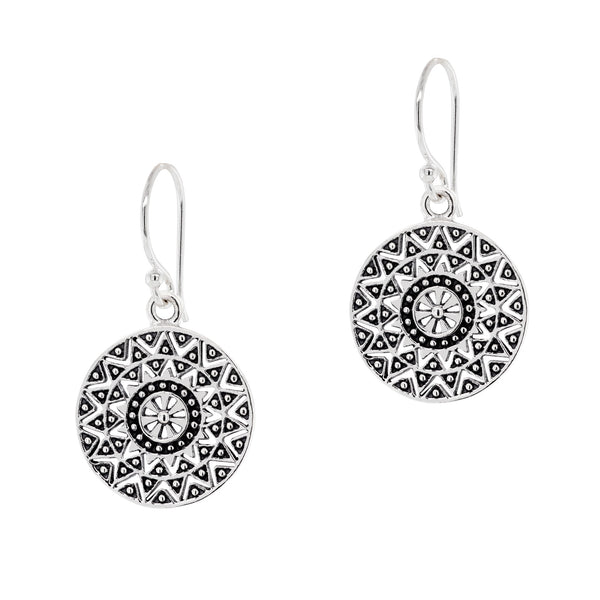 925 sterling silver ethnic sun mandala hook earrings
