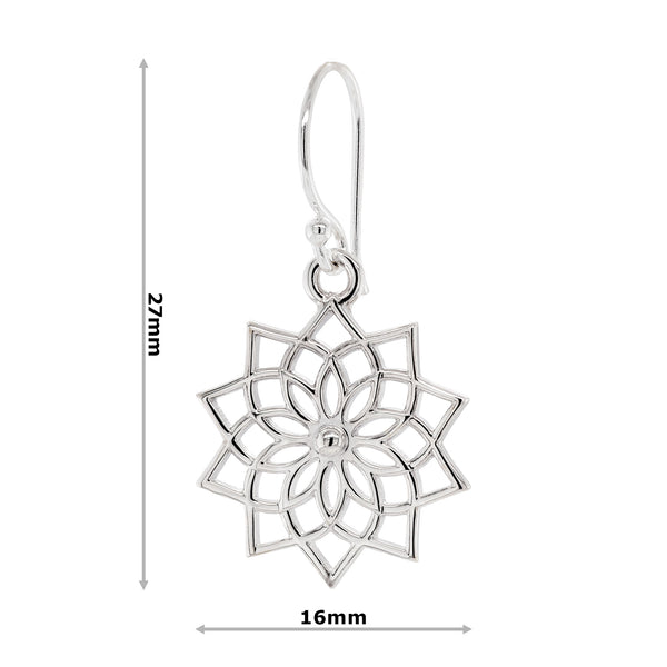 Open Lotus Flower Mandala Sterling Silver 925  Hook Earrings