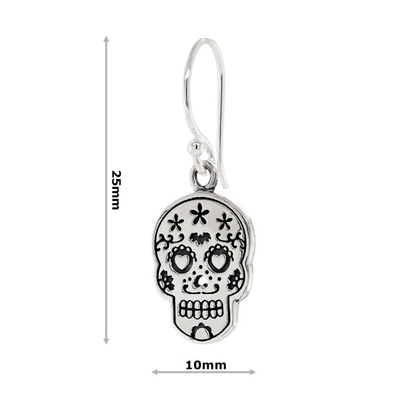 925 sterling silver sugar skull heart eyes hook earrings