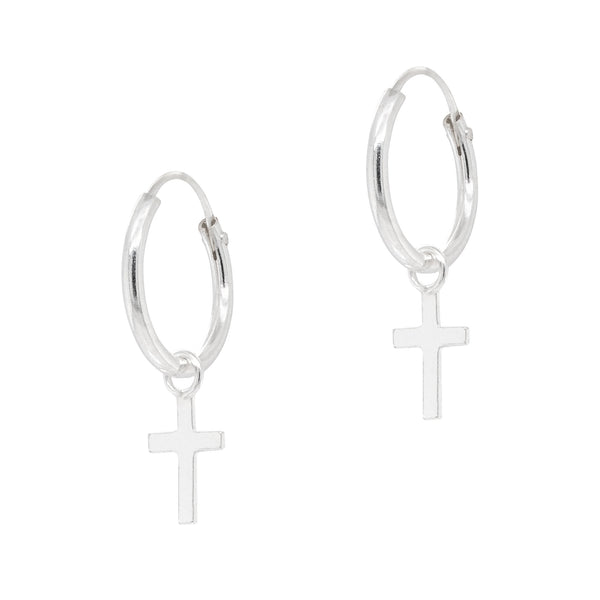 Crucifix Cross Sterling Silver Hoop Earrings