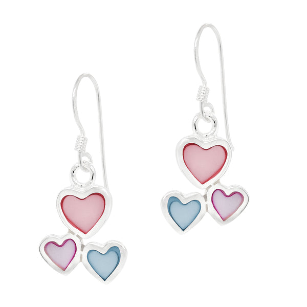 Trio Heart Coloured Shell Sterling Silver 925 Hook Earrings