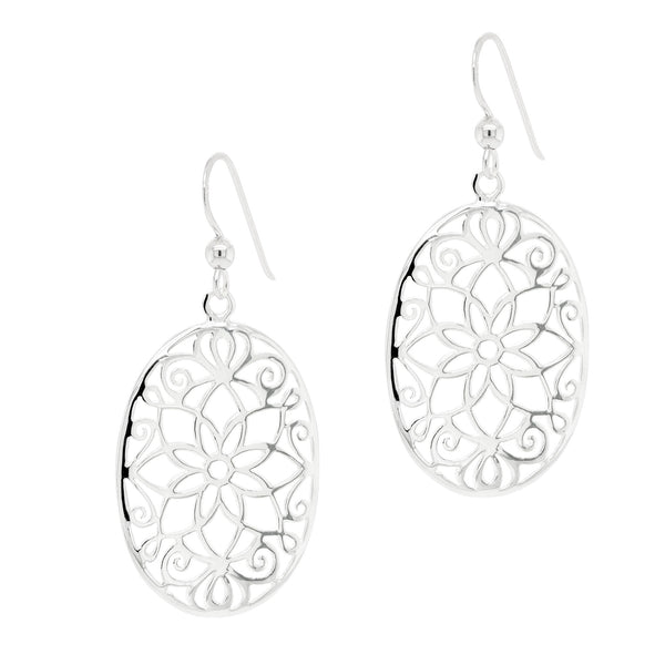 Flower Cutout Oval Sterling Silver 925 Hook Earrings