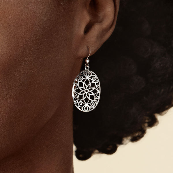 Flower Cutout Oval Sterling Silver 925 Hook Earrings