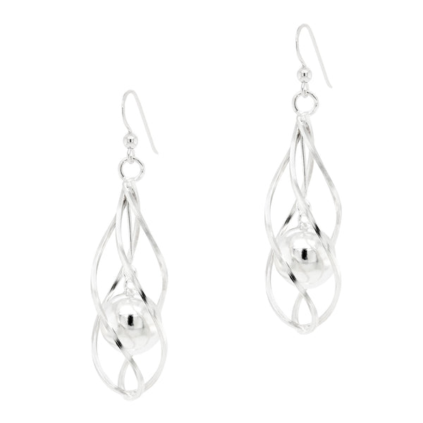 Cage Double Oval Ball Sterling Silver 925 Hook Earrings