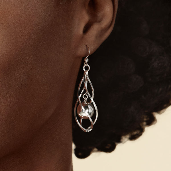 Cage Double Oval Ball Sterling Silver 925 Hook Earrings