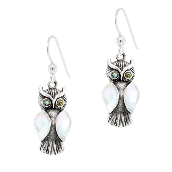 Owl Shell Wings & Eyes Sterling Silver 925 Hook Earrings