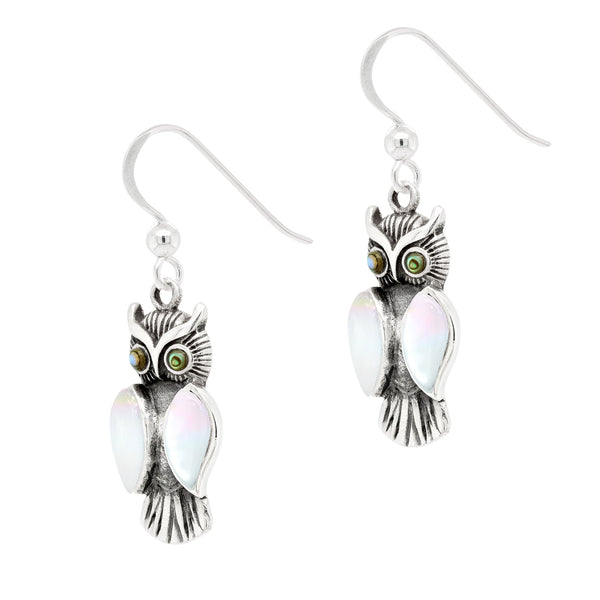 Owl Shell Wings & Eyes Sterling Silver 925 Hook Earrings