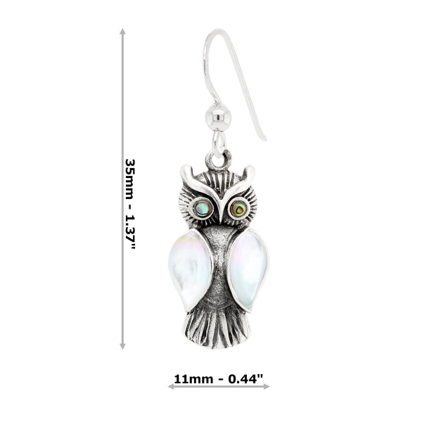 Owl Shell Wings & Eyes Sterling Silver 925 Hook Earrings