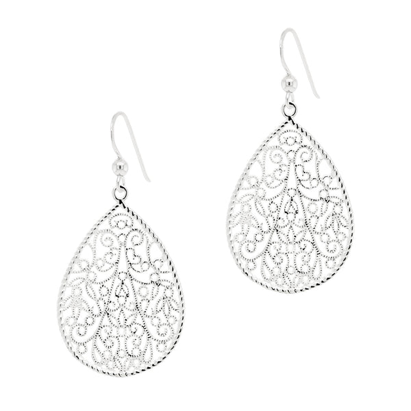 Droplet Flower Cutout Ribbed Sterling Silver 925 Hook Earrings