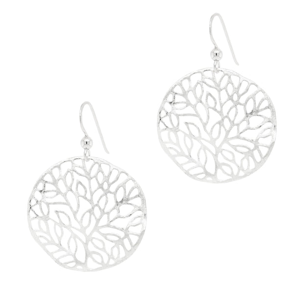 Leaf Cutout Circular Matte Sterling Silver 925 Hook Earrings