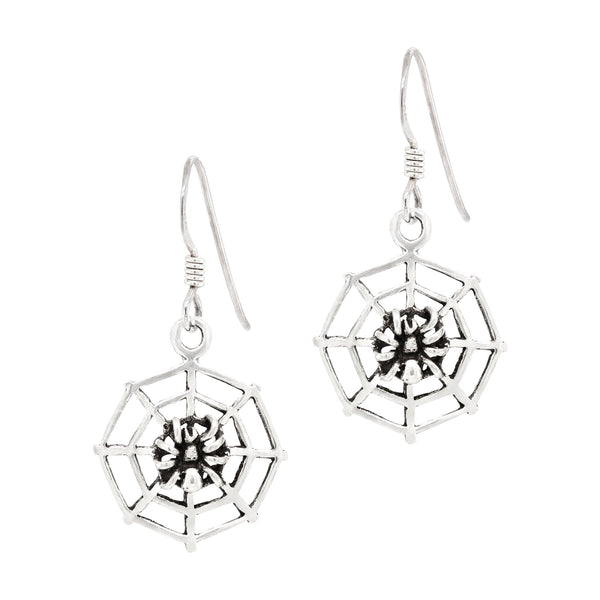 Spider on Web Halloween Sterling Silver 925 Hook Earrings
