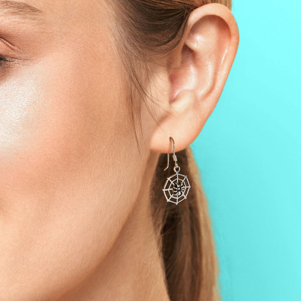 Spider on Web Halloween Sterling Silver 925 Hook Earrings