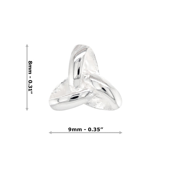 Silver Celtic knot earring with measurements on a white background