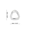Silver triangular ring with dimensions on a white background