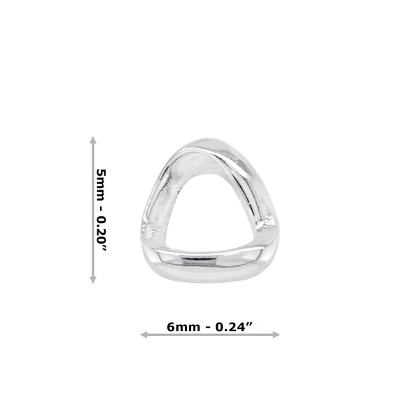 Silver triangular ring with dimensions on a white background