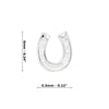Silver horseshoe earrings with measurements on a white background
