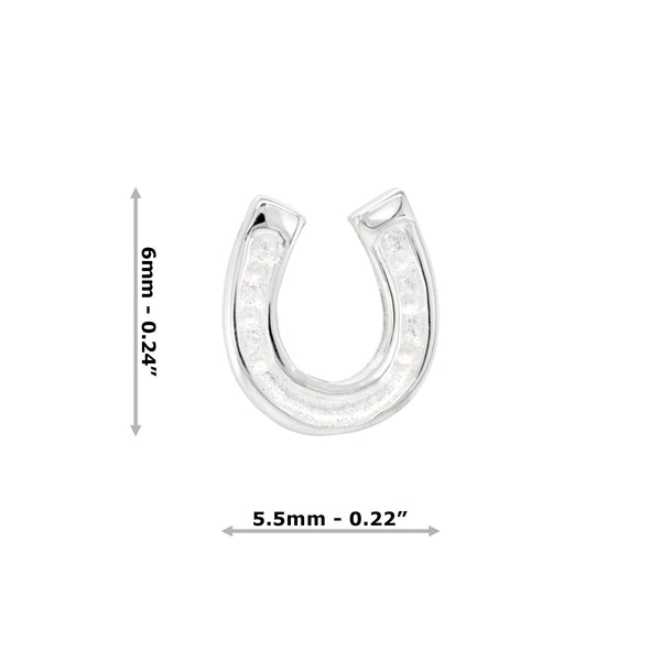 Silver horseshoe earrings with measurements on a white background