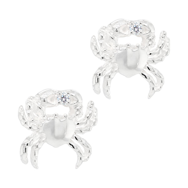 Crab Crustacean Cubic Zirconia Sterling Silver 925 Stud Earrings