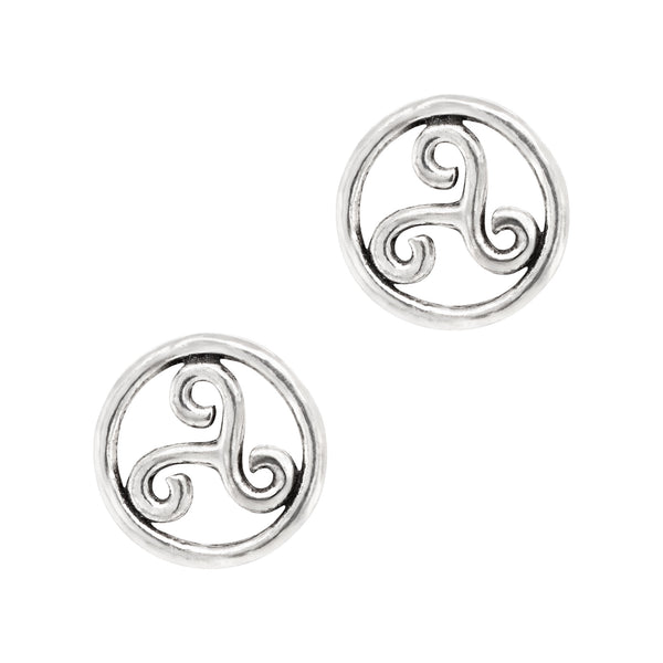 Silver triskele design earrings on a white background