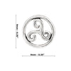 Silver triskele symbol with dimensions on a white background
