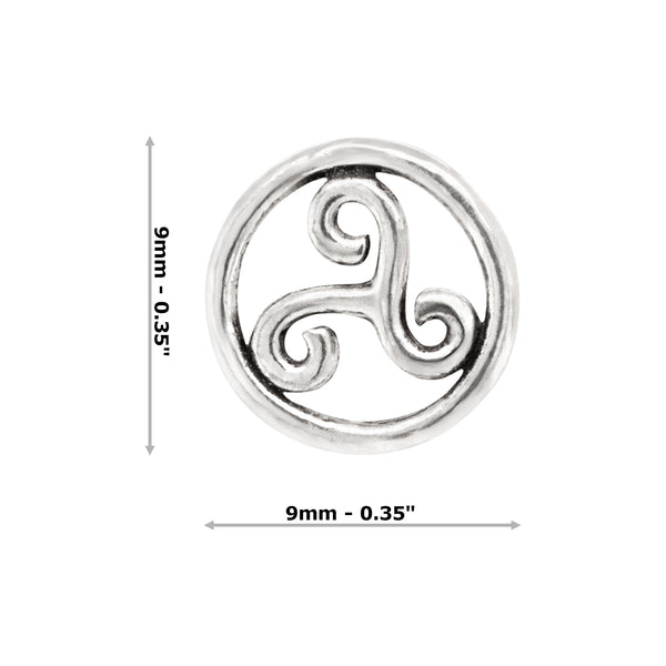 Silver triskele symbol with dimensions on a white background
