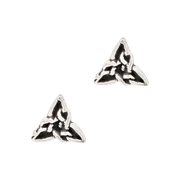 Pair of silver triangle-shaped earrings on a white background