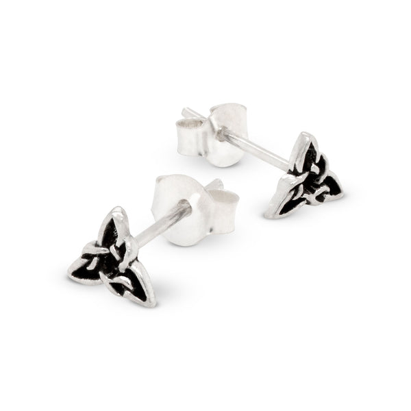Silverceltic knot triangle earrings on a white background