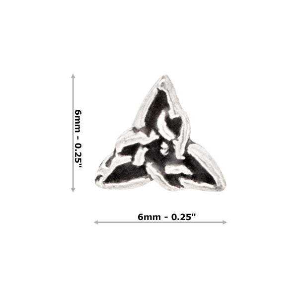Silver trinity stud earring with dimensions on a white background