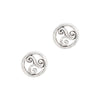 Pair of silver Triskele spiral earrings on a white background