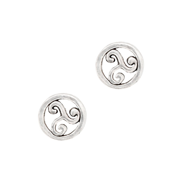 Pair of silver Triskele spiral earrings on a white background