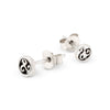 Silver stud earrings with a black symbol on a white background