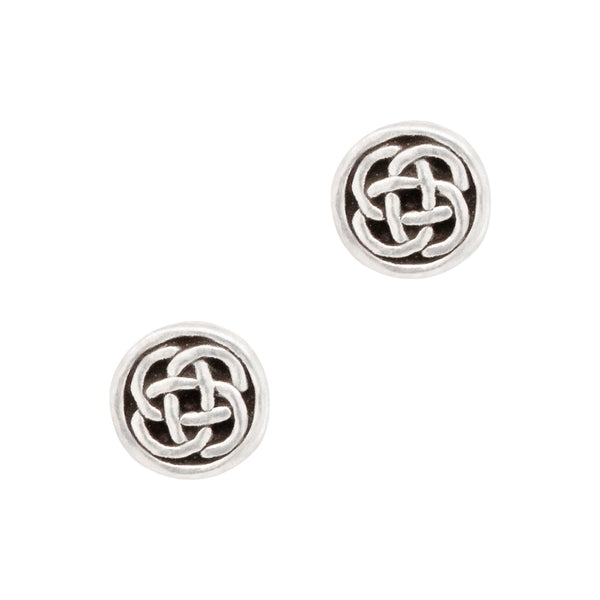 Pair of silver Celtic knot earrings on a white background