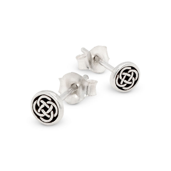 Silver Celtic knot stud earrings on a white background