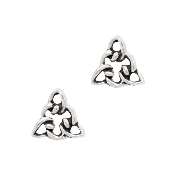 Pair of silver Celtic knot earrings on a white background