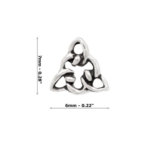 Silver Celtic knot stud earring with dimensions on a white background