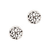 Pair of silver earrings with intricate designs on a white background