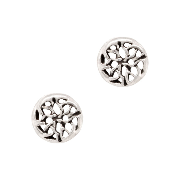 Pair of silver earrings with intricate designs on a white background
