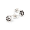 Pair of silver earrings with intricate designs on a white background