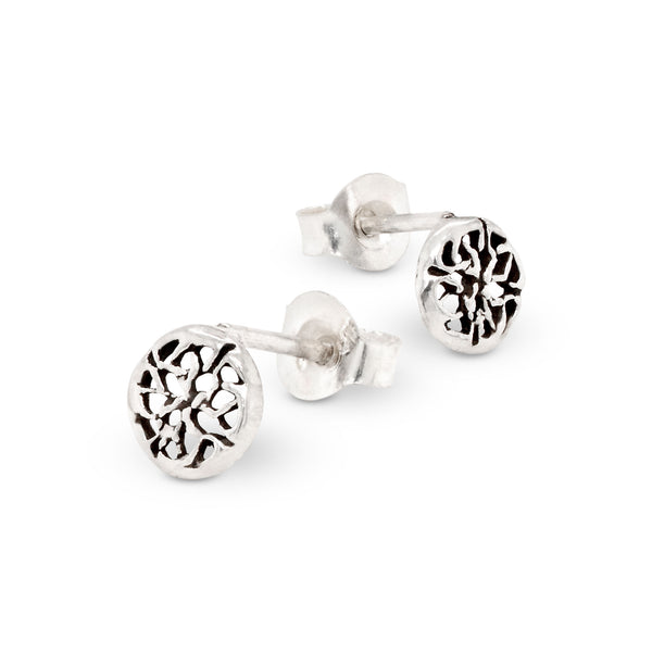 Pair of silver earrings with intricate designs on a white background