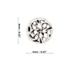 Silver floral design charm with measurements on a white background