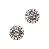 Pair of silver sunflower-shaped earrings on a white background