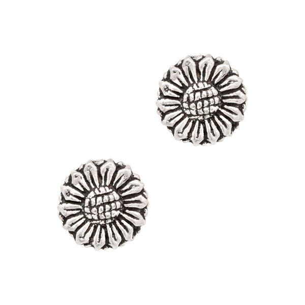 Pair of silver sunflower-shaped earrings on a white background