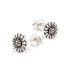 Silver sunflower stud earrings on a white background