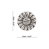 Silver sunflower stud earring and measurement details on a white background