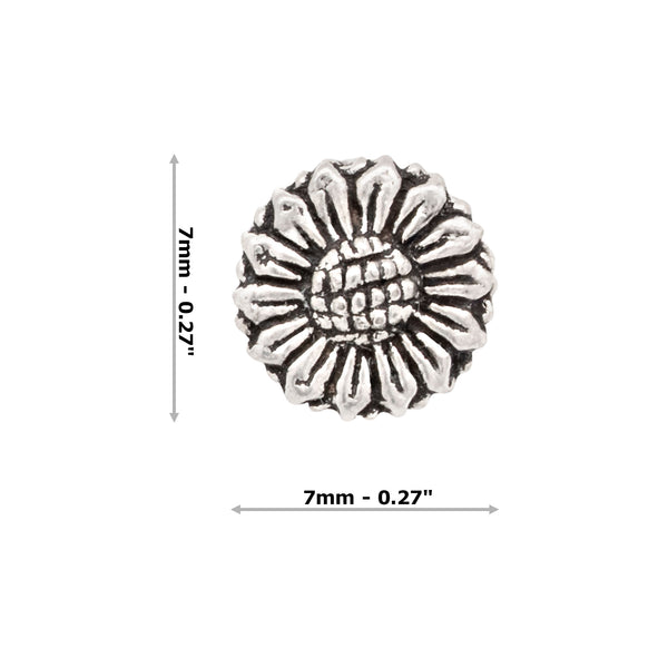 Silver sunflower stud earring and measurement details on a white background